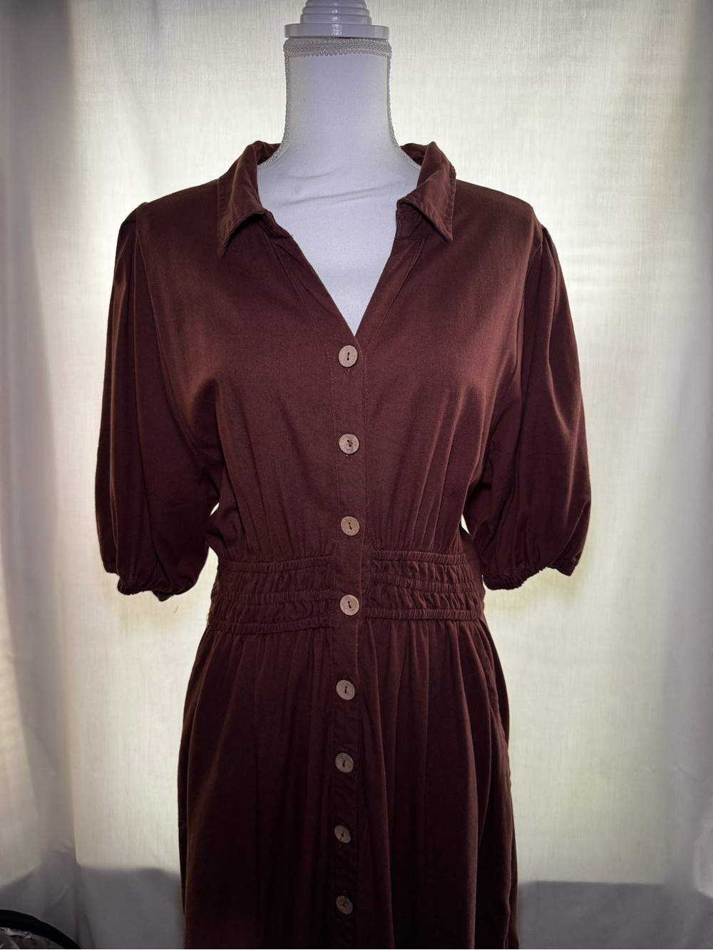 Brown Button-Front Midi Dress with Smocked Waist